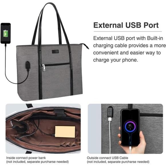 Laptop Tote Bag, Women Work Bag 15.6 Inch Laptop Bag with USB Charging Port - Picture 4 of 6